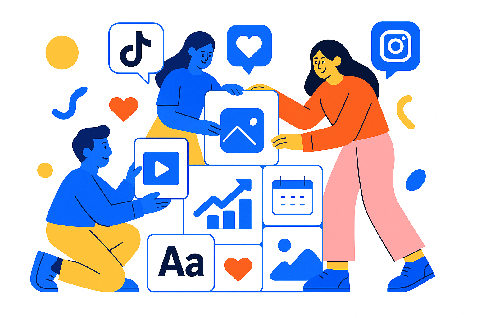 Gestión de redes sociales con ilustración de trabajo colaborativo y analíticas
